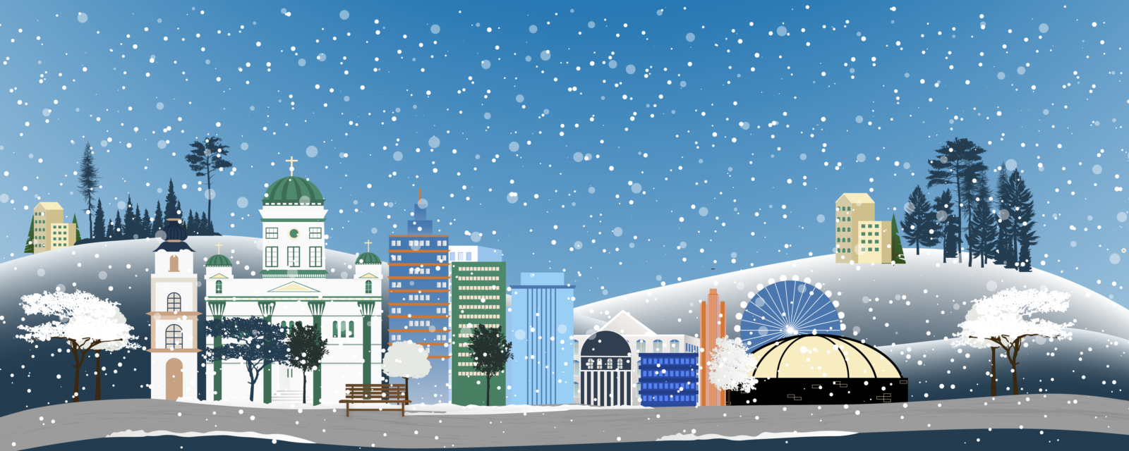 Illustrerad bild av Helsingfors i vinterskrud samt en önskan om en god jul från Stiftelsen Tre Smeder